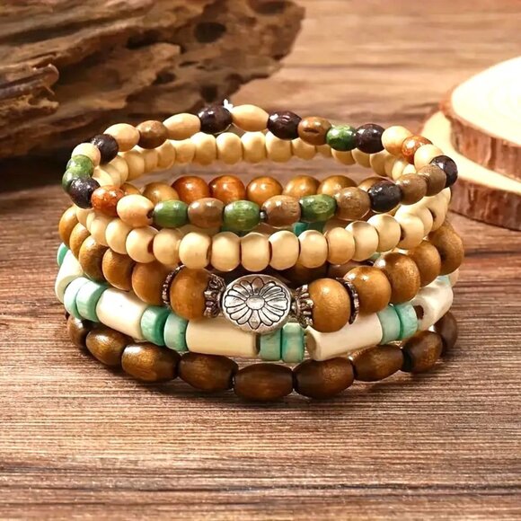 Wood Bead Cuff Bracelet 5pc Surfer Stackable Stretchy Unisex wooden Boho Hippie - Picture 1 of 3